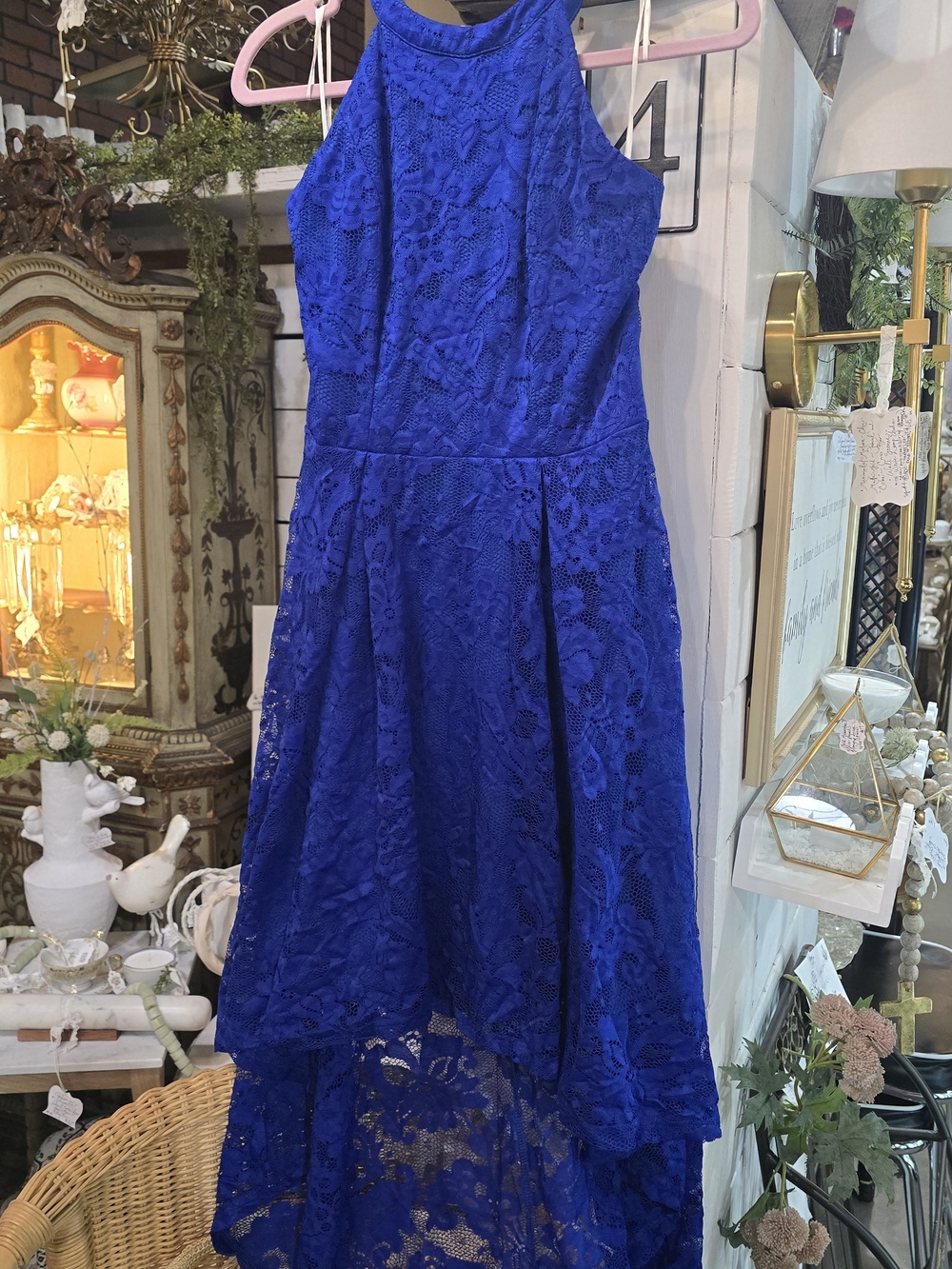 Lace High-Low Halter Dress in Royal Blue